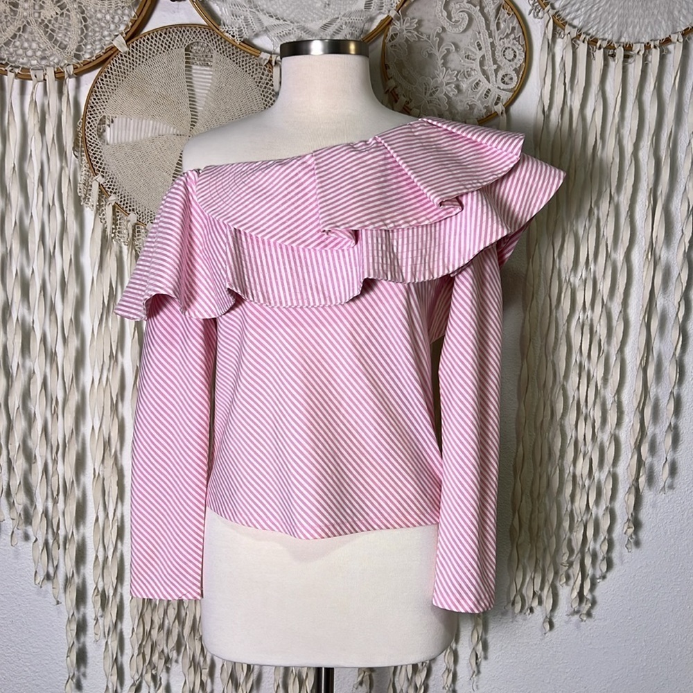 StyleKeepers Pink and White Stripe One Shoulder Long Sleeve Ruffle Top Size Sm - Picture 2 of 9